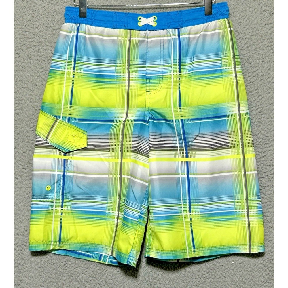 OP Swim Trunks Shorts 2XL Youth 30X11 Teal Gray Yellow Hawaiian Ocean Board Swim